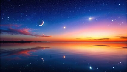 A dark blue reflective surface with stars and moon slowly fading into hues of pink and orange as morning breaks, dawn, stars