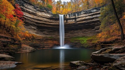 Fototapeta premium Autumn Waterfall Landscape, Fall Foliage, Nature Scene, Peaceful Pond, Scenic View