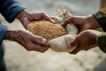 Two hands exchanging a small burlap sack of wheat grains, symbolizing sharing and agriculture.