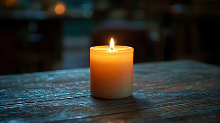 A solitary candle on an old wooden table, its warm light flickering gently, creating a peaceful and contemplative atmosphere.
