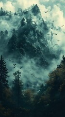 Obraz premium Misty mountain peak shrouded in fog, birds in flight.