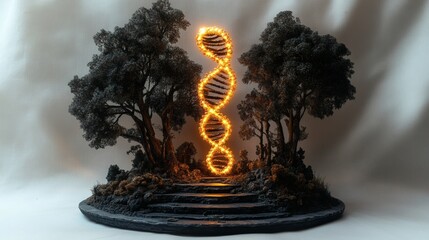 Illuminated DNA Helix in a Dark Forest Diorama: A Mystical Miniature