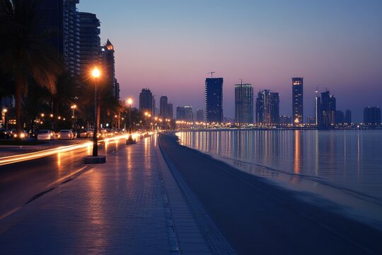 City lights reflecting on the sea at dawn in ajman, uae