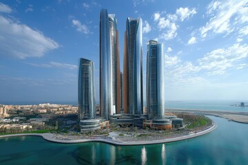 Naklejka premium Etihad towers reflecting in canal under partly cloudy sky in abu dhabi