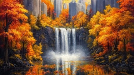 Fototapeta premium Autumnal Waterfall Cityscape; Peaceful Fall Nature Scene