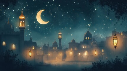 Naklejka premium A tranquil Ramadan night scene with stars, a crescent moon, and a village mosque