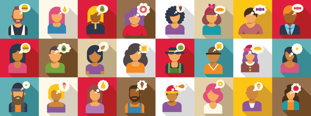 Thinking food icons set. Diverse group of people thinking about various foods and drinks, representing different cravings and preferences