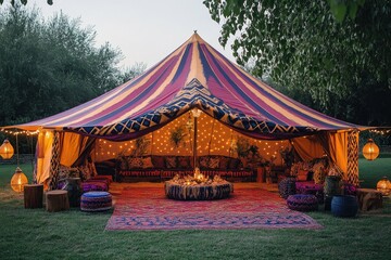 Luxurious tent with oriental style furnishings illuminated at dusk in a garden