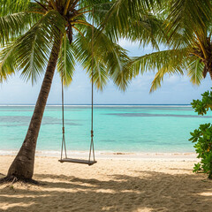 Beautiful tropical beach scene, there is a wooden swing hanging from the sturdy trunk of a leaning palm tree.Lush green foliage frames the right side of the image, enhancing the tropical vibe.