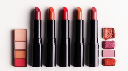 A vibrant display of lipsticks and makeup palettes showcasing a range of stunning colors for beauty enthusiasts.