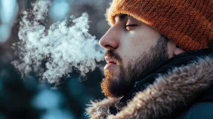 Man Exhaling Breath in Cold Weather Creating Steam Cloud Profile View
