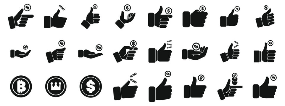 Hand flips coin icons set. Business people making hand gestures interacting with money, including holding, pointing, giving, and gesturing with bitcoin and dollar coins