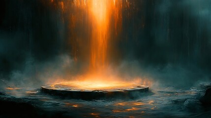 Mystical waterfall glows warmly illuminating circular stone platform. AI Generated