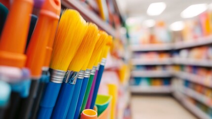 School supplies and stationery organized on retail shelf with selective focus. Ideal for education shopping, back to school, and office supplies content.
