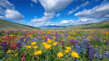 Obraz premium A vibrant field of wildflowers in shades of purple, yellow, and red, under a bright blue sky