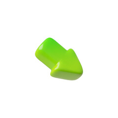 Green arrow down right diagonal cursor 3d cartoon plastic style icon, vector volume navigation pointer, interface symbol