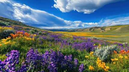 Obraz premium A vibrant field of wildflowers in shades of purple, yellow, and red, under a bright blue sky