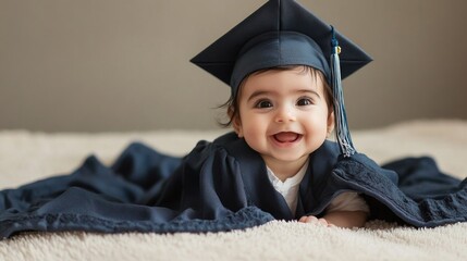 Adorable baby in graduation cap and gown smiling joyfully