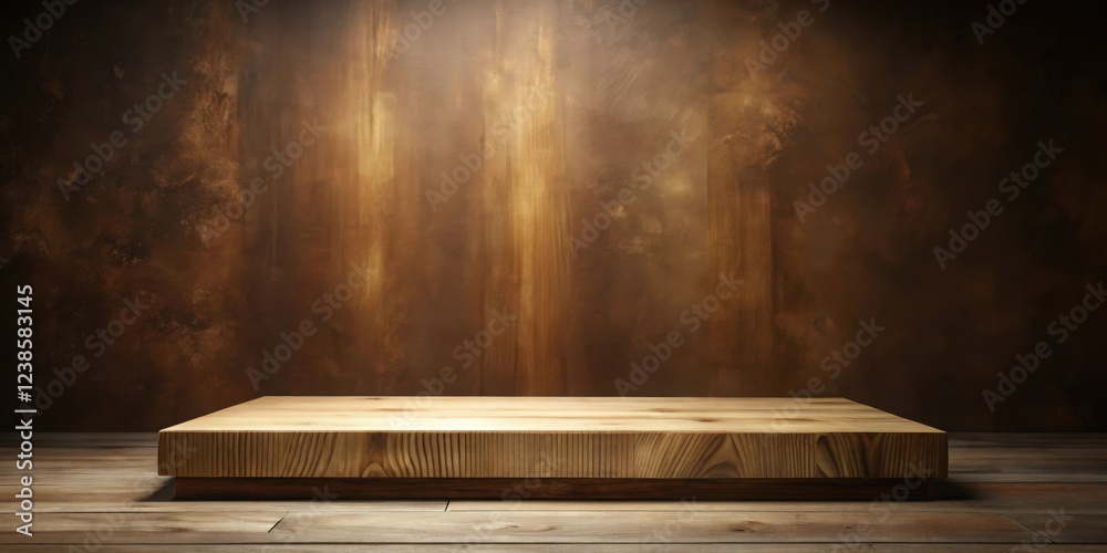 Poster Rustic Wooden Platform Display Against a Textured Brown Background Ideal for Product Showcases and Mockups