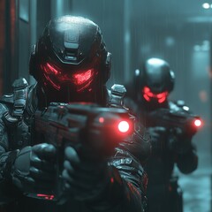 two futuristic soldiers investigating dark apartment with guns and flashlight pointed