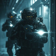 two futuristic soldiers investigating dark apartment with guns and flashlight pointed