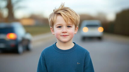 Blond caucasian child smiling on suburban street with cars in background
