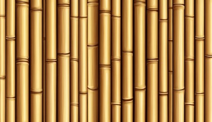 Fototapeta premium Close up view of numerous golden brown bamboo stalks arranged vertically, creating a textured background. The image shows detail in the bamboo's