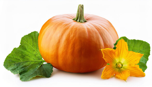 ripe pumpkin vegetables with green levaes and blossom isolated