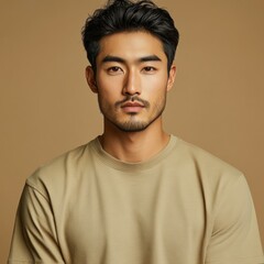 Obraz premium Asian descent male model wearing a plain t-shirt