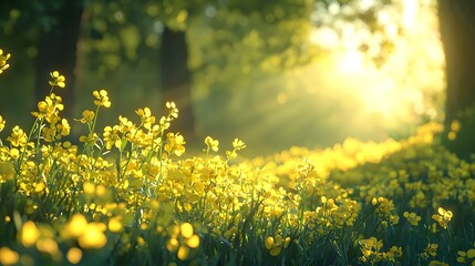 Fototapeta premium Striking Macro Shot of Glowing Mustard Flowers in Sun-Dappled Meadow