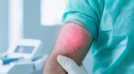Fototapeta premium Doctor examining skin rash on caucasian adult male's arm in medical setting