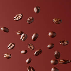 A burst of coffee beans suspended in motion against a brown background 