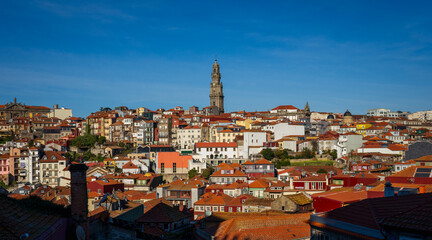 Cityscape with The Clérigos Church which is the tallest building in Porto, Portugal.