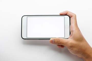 Hand holding Smartphone photo and isolated on white background for your mobile phone app or web site design, logo Global Business technology