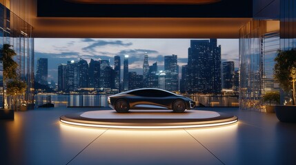 Fototapeta na wymiar Luxury electric car showroom, city skyline view