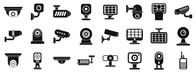 Video surveillance system icons set. Various types of security cameras, including cctv, ip cameras, and surveillance systems, ensure safety and protect property