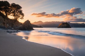 Fototapeta premium Serene beach sunrise with silhouetted trees and rocky coastline