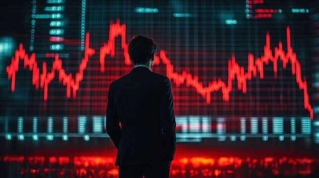 A stock market graph showing a downward trend, with the silhouette of a man in a suit looking at it.