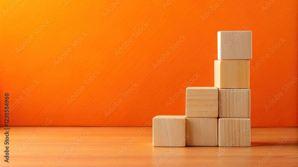 Poster wooden blocks arranged in an ascending pattern against a vibrant orange backdrop