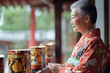 Obraz premium Elderly woman wearing kimono praying in japanese temple