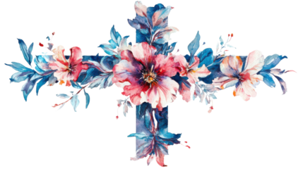 Watercolor cross made of flowers with transparent background