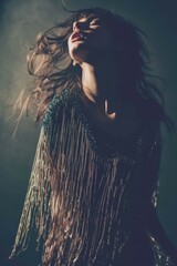 Fototapeta premium A high-fashion, avant-garde editorial portrait of a striking female model, her presence magnetic and cinematic