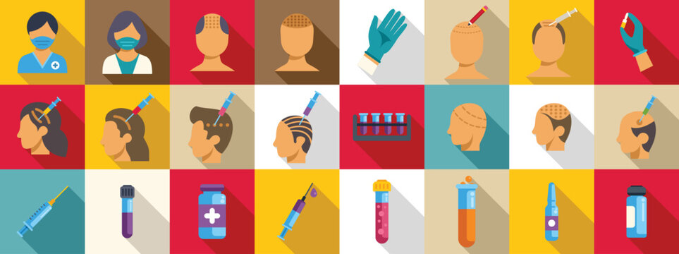 Injecting hair icons set. Medical staff injecting prp to patient's scalp and performing hair transplant surgery