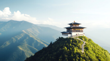 A serene image of a mountaintop temple during Bhutan's Paro Tsechu