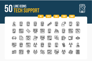  Set of 50 Tech Support Icons. Line Icon Collection