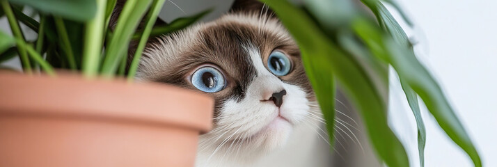 Ragdoll Cat Partially Obscured by Potted Plant
