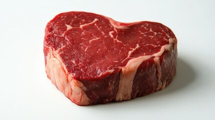 Obraz premium Heart-Shaped Cut of Raw Red Meat Isolated on White Background Perfect for Valentine's Day Culinary Concepts and Romantic Dinner Settings with a Focus on Love and Food