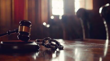 Obraz premium Close-up of a gavel and handcuffs on a wooden desk, symbolizing legal action against corruption