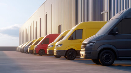 Fototapeta premium Row of colorful delivery vans parked outdoors by warehouse at sunset