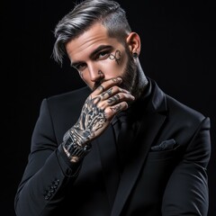 handsome white CEO boss with tattoos on his hands and his neck. He's wearing a black business suit